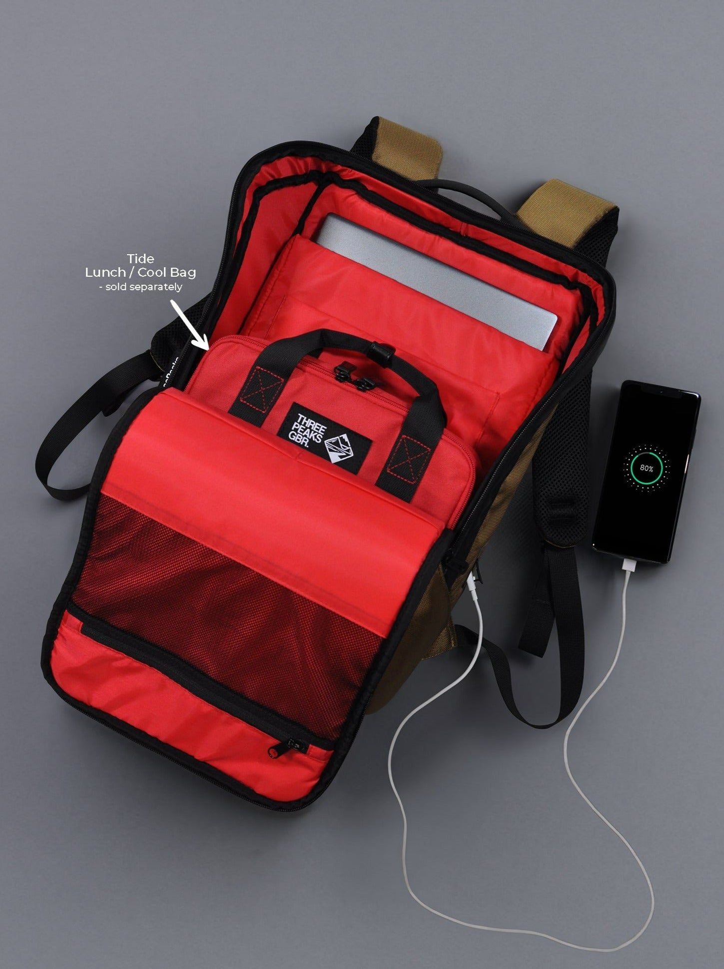 Commuter backpack with outlet lunch compartment